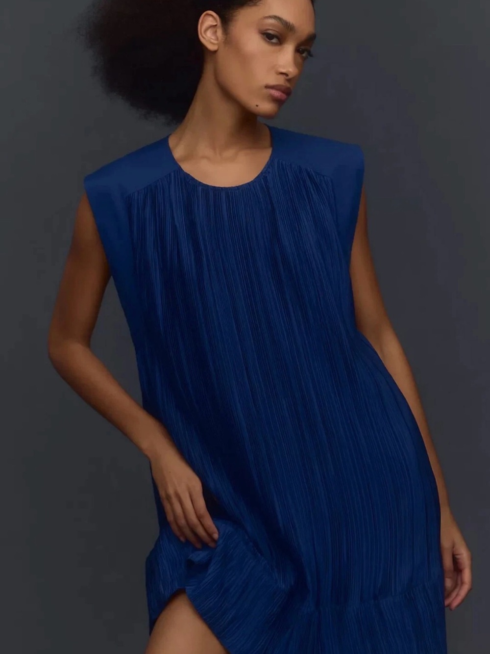 Anthropologie Navy Blue Cap Sleeve Plisse Pleated Oversized Mini Shift Dress Lrg